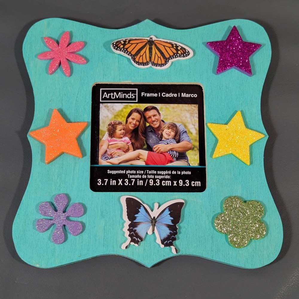 ArtMinds Teal Wooden Photo Frame with Glitter Stars and Butterflies 3.7x3.7